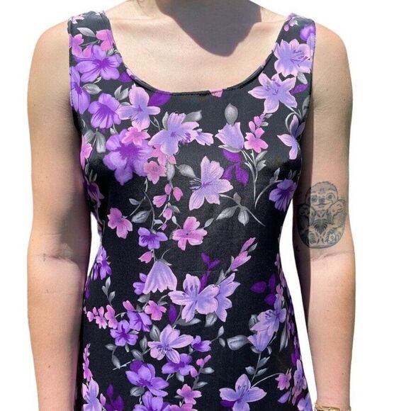 Vintage 90s Womens Purple Floral Tropical Hawaiian Mini Scoop Neck Dress Sz M - Picture 7 of 8